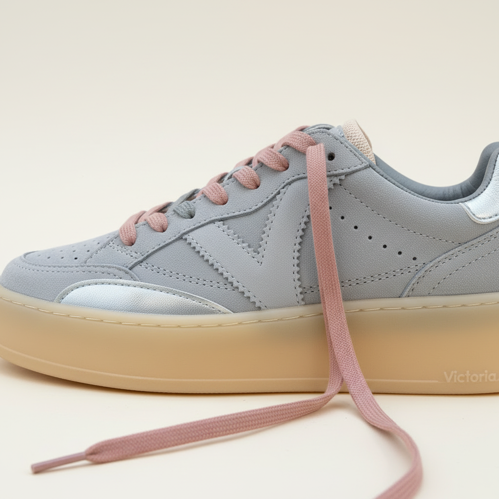 Gray sneaker with pink laces on a beige background