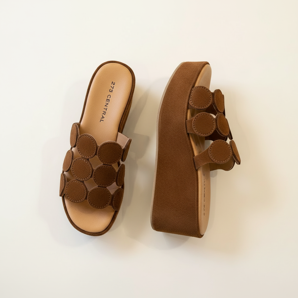 Brown sandals with circular designs on a white background