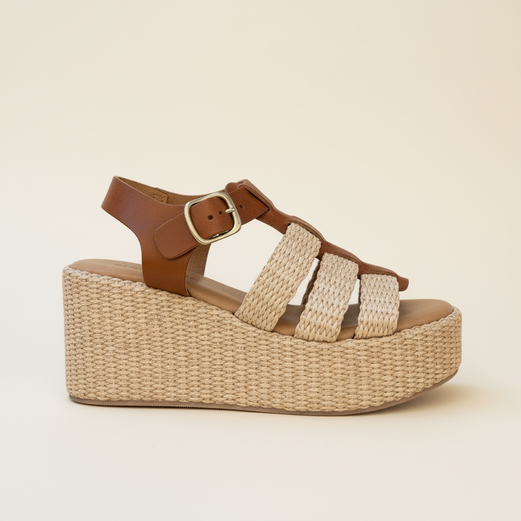 Woven wedge sandal with brown straps on a beige background
