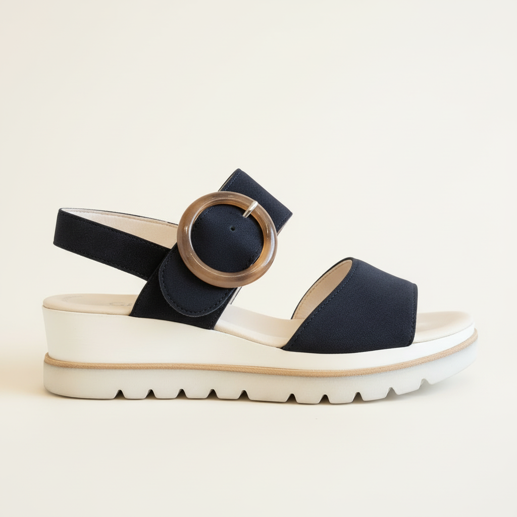 Navy sandal with a gold circular buckle on a beige background