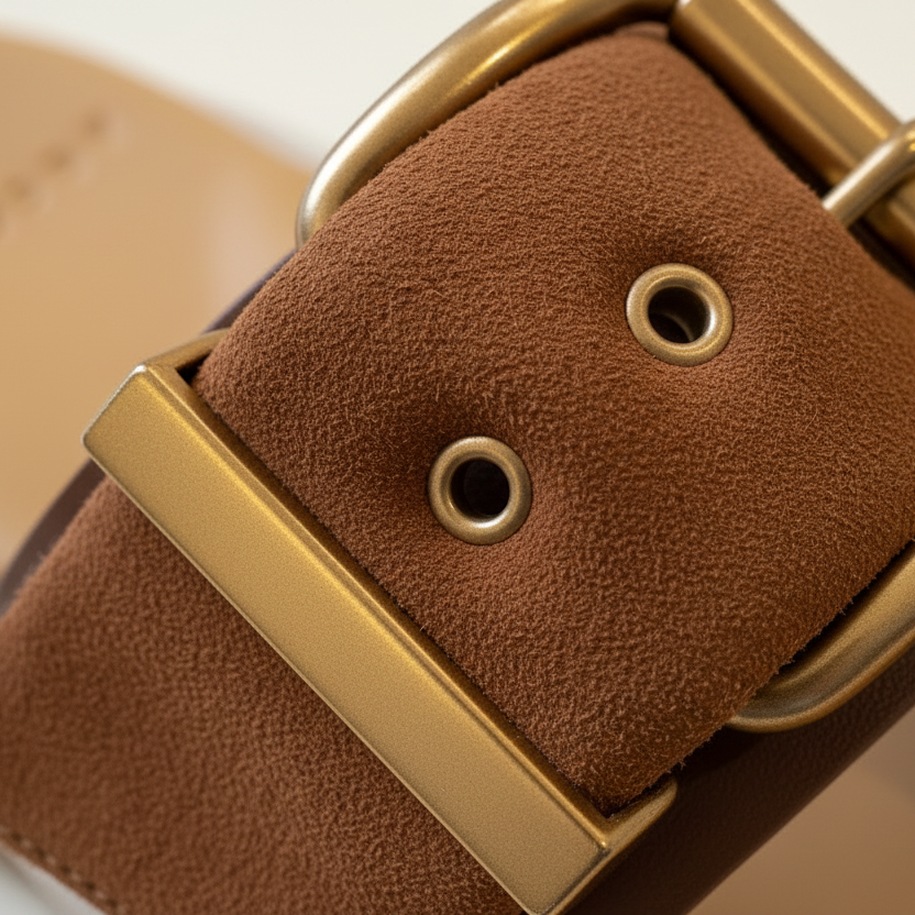 Close-up of a brown leather belt with gold buckle on a light background