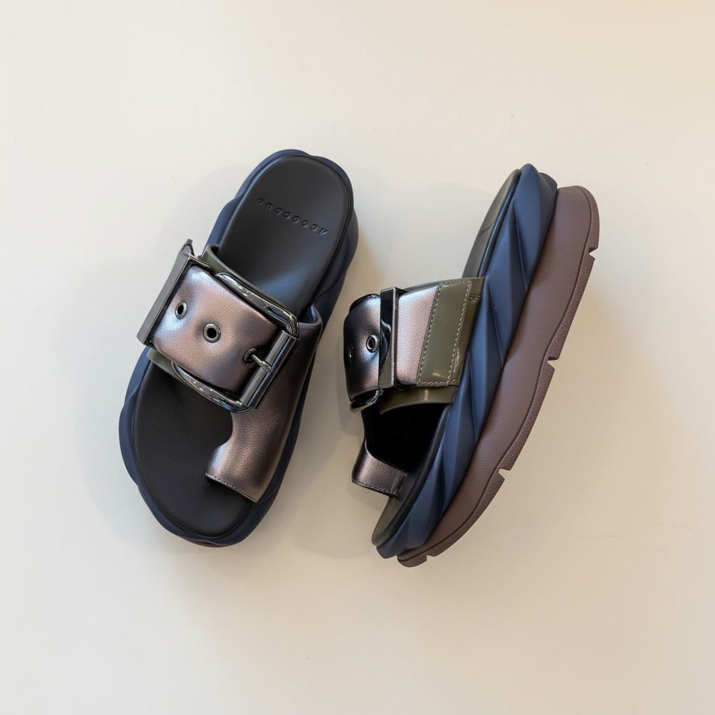 Pair of black sandals with metallic buckle on a light beige background