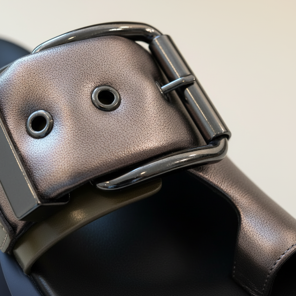 Close-up of a leather belt with a silver buckle on a light background