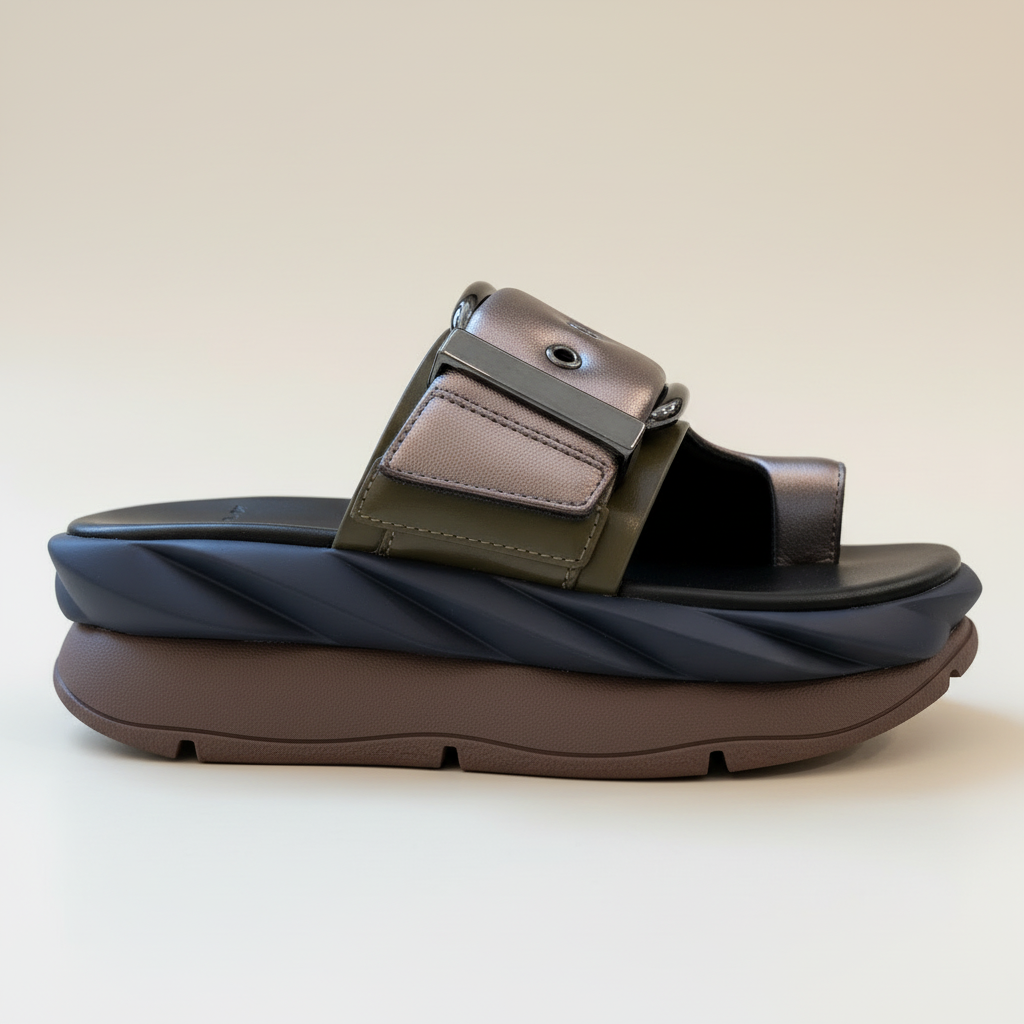 Black sandal with a strap on a beige background