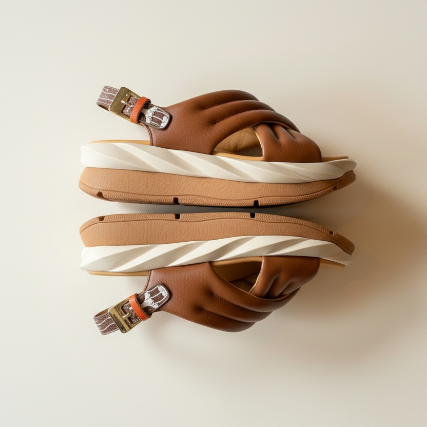 Brown sandals with white soles on a light beige background