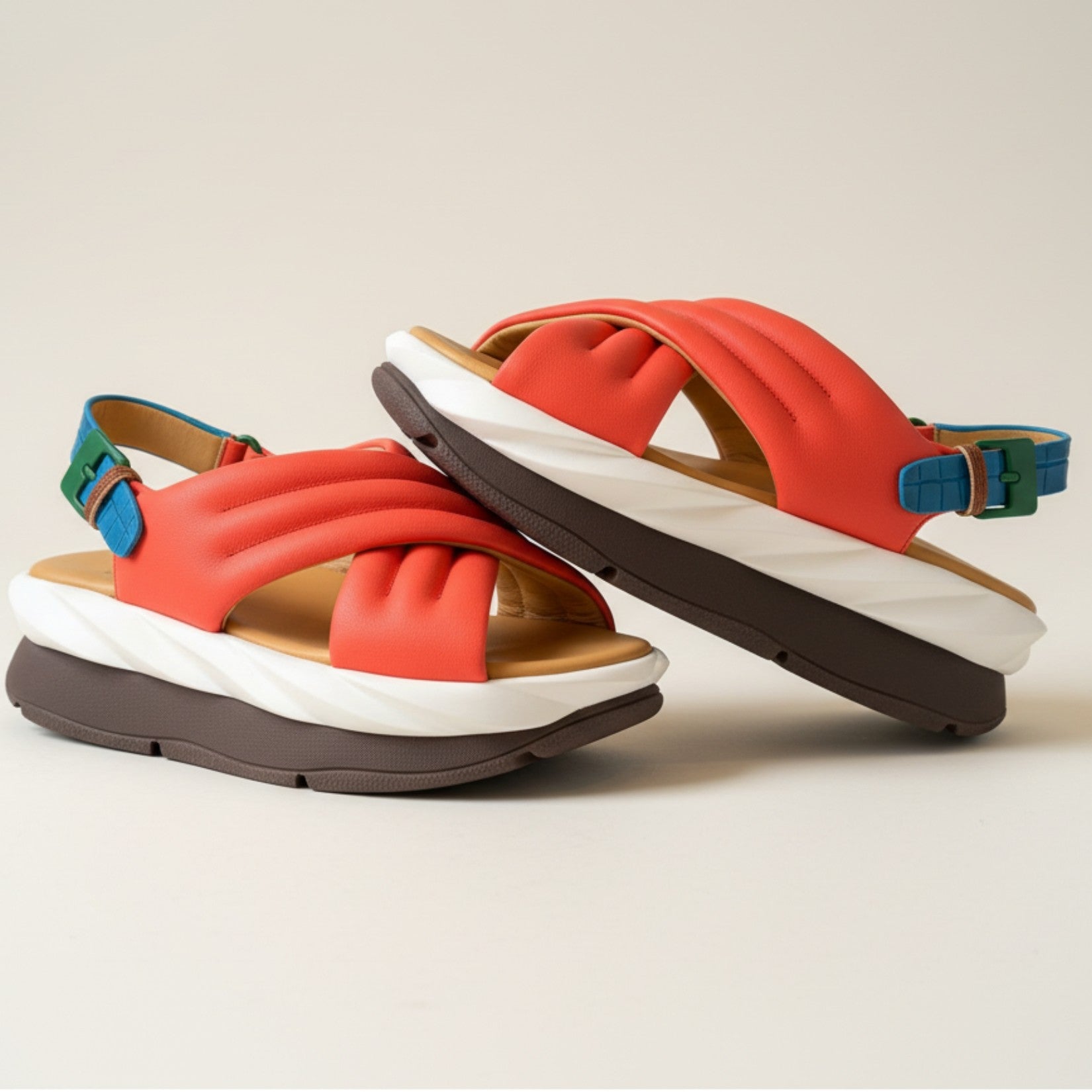 Pair of colorful sandals on a light background