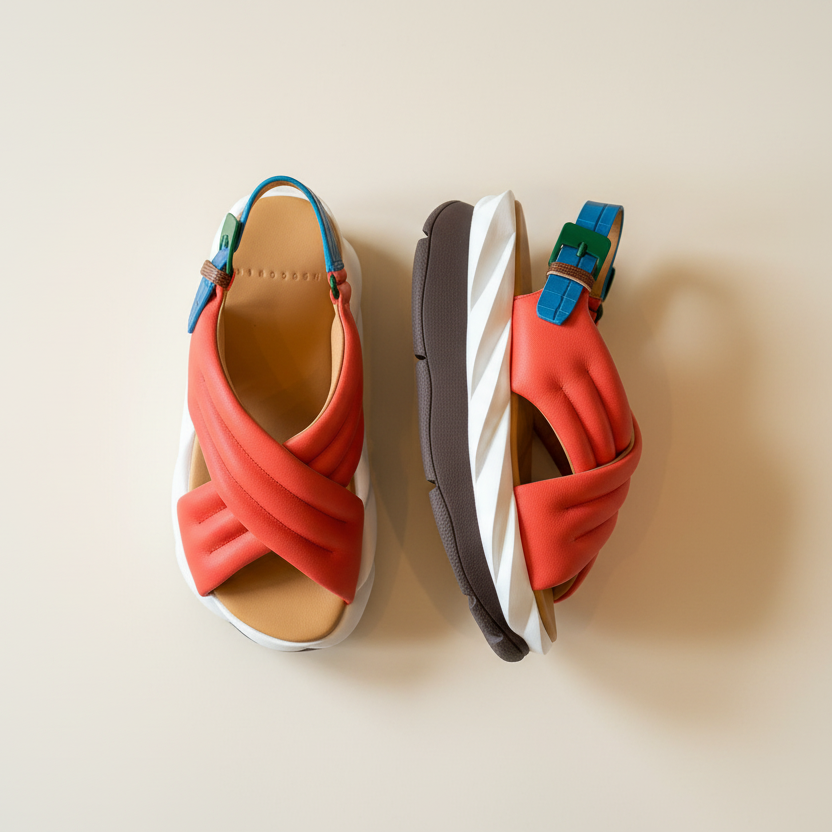 Pair of red sandals with blue straps on a beige background