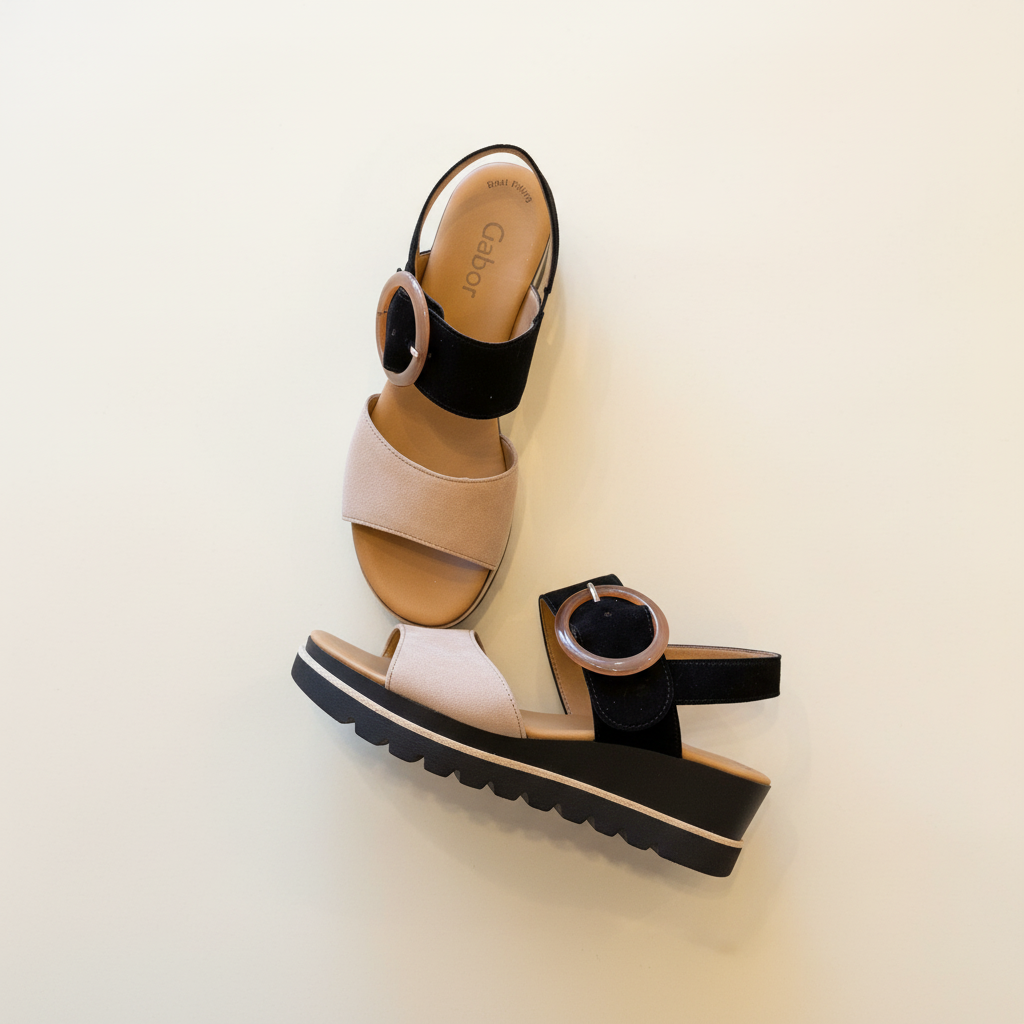 Pair of sandals with a beige and black color scheme on a light background