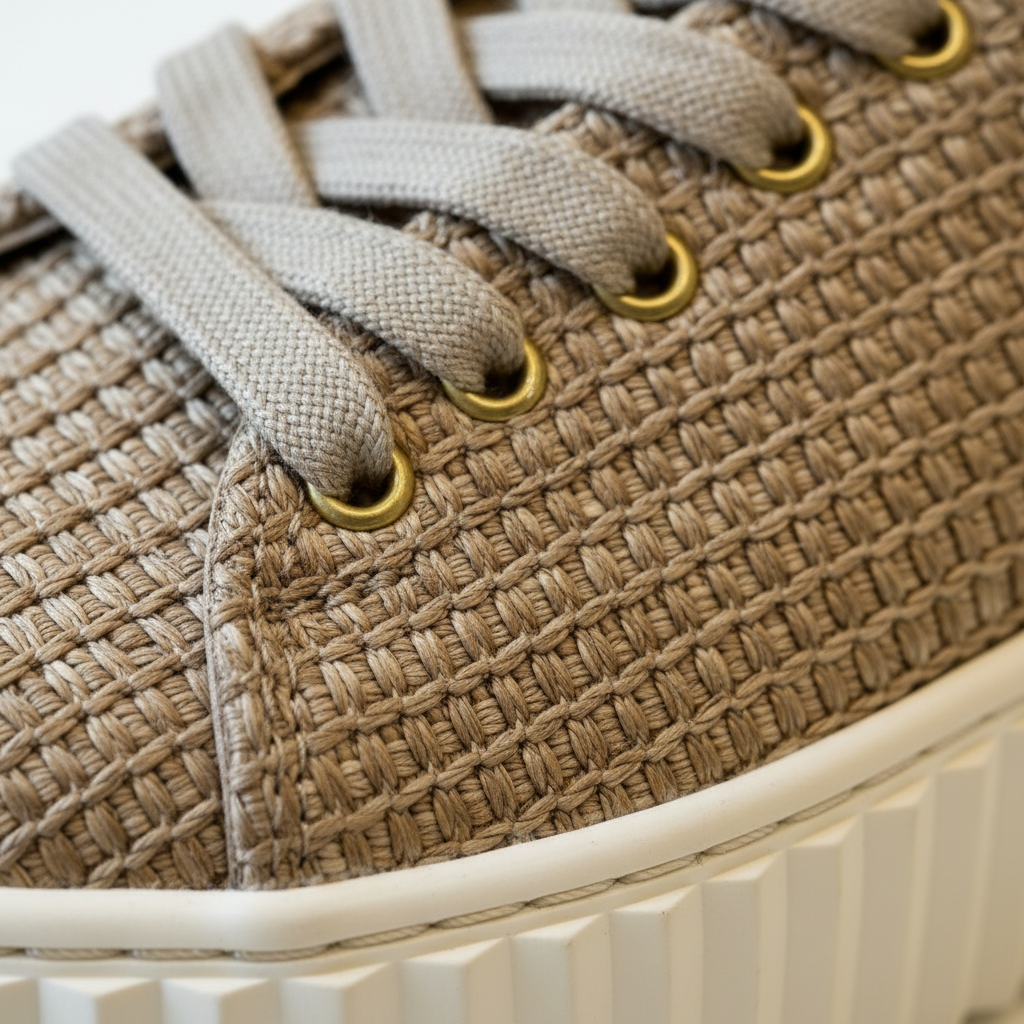 Close-up of a woven sneaker with beige laces and white sole.