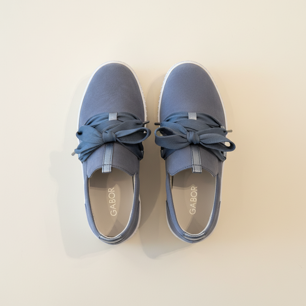 Pair of blue Gabor shoes on a light beige background