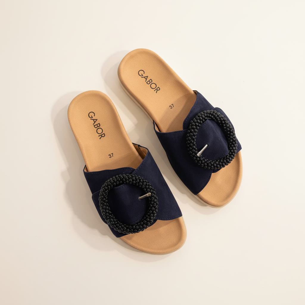 Navy sandals with black embellishments on a beige background