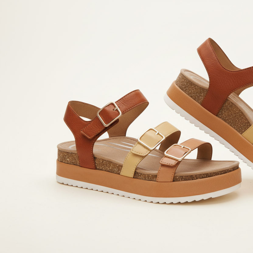 Pair of brown and beige sandals on a light background