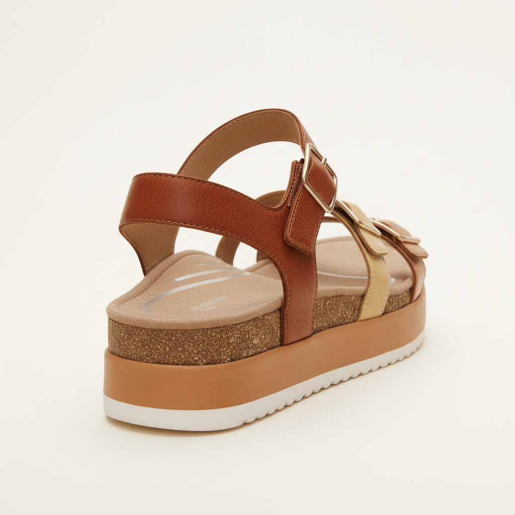 Brown platform sandal with cork sole on a light beige background