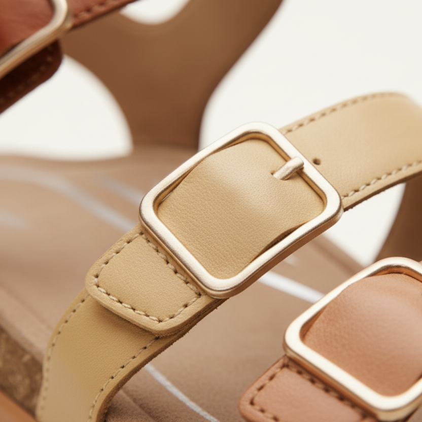 Close-up of beige sandals with square buckles on a blurred background