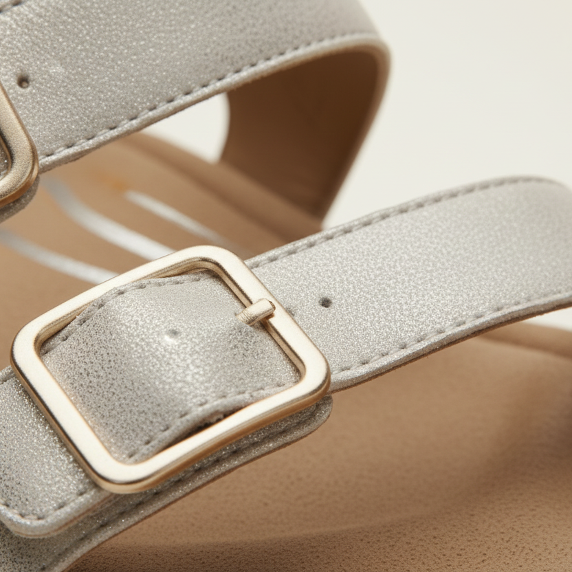 Close-up of a sandal with a gold buckle on a neutral background