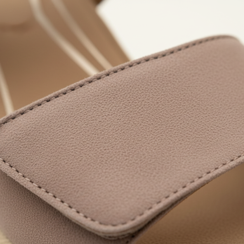 Close-up of a beige sandal with a textured strap.