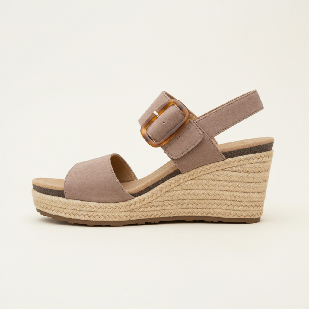 Beige wedge sandal with a strap and buckle on a light beige background
