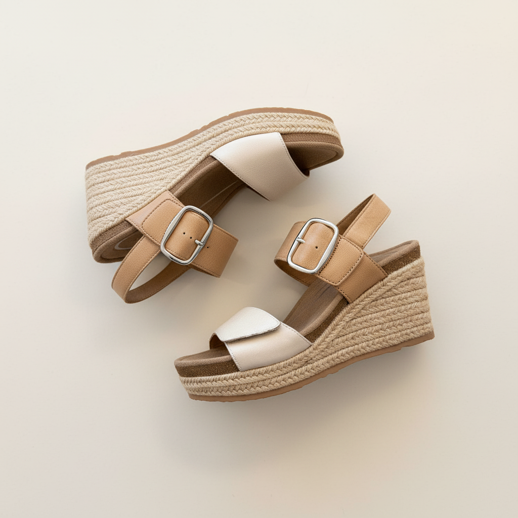 Pair of beige sandals with woven sole on a light background