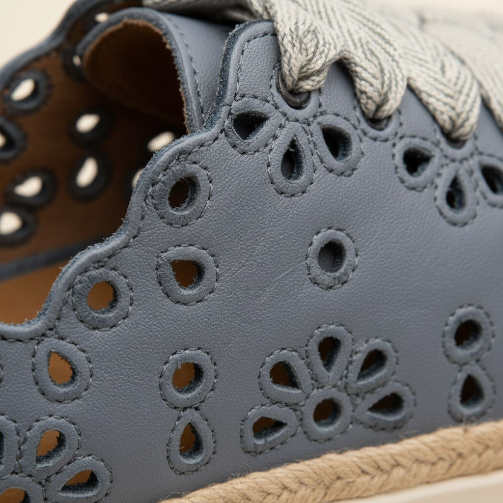 Close-up of a gray shoe with decorative cut-out design and beige sole.