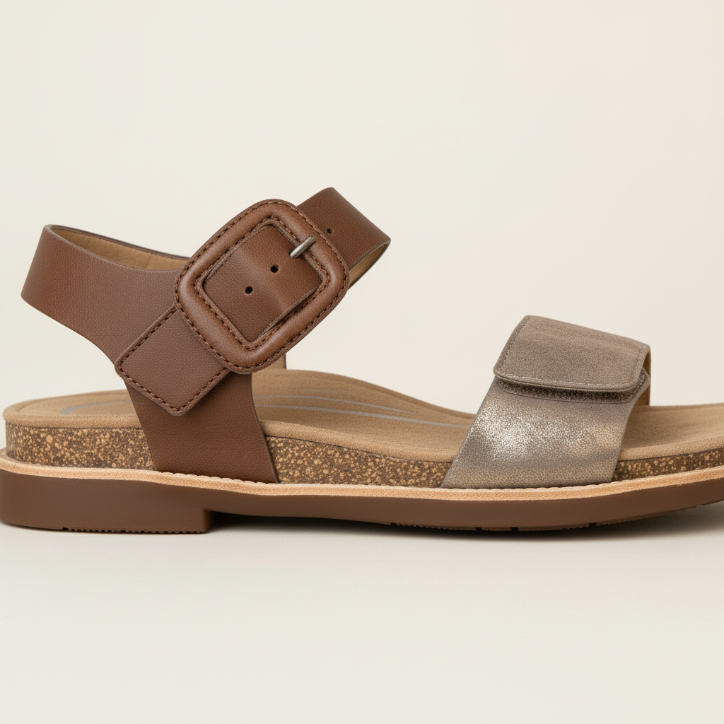 Brown sandal with a buckle on a beige background
