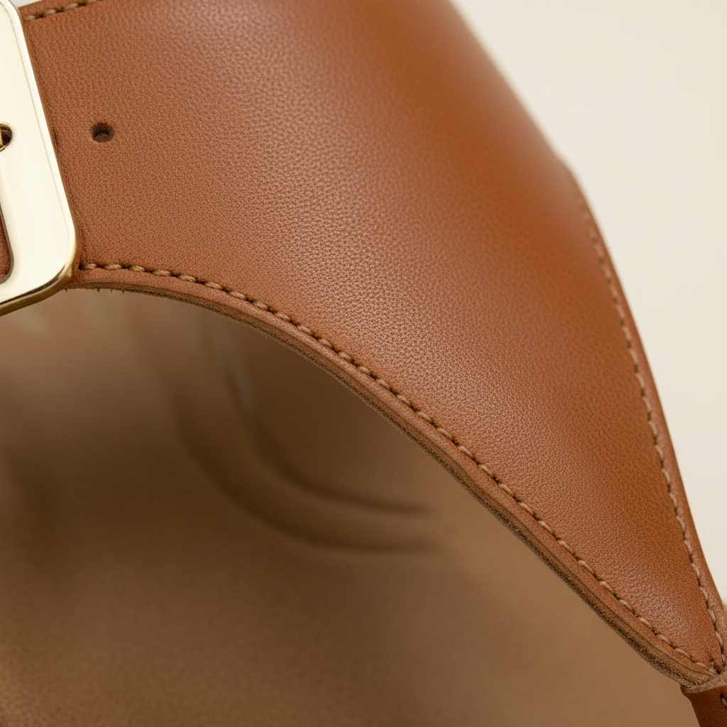 Close-up of a brown leather strap with a gold buckle on a beige background