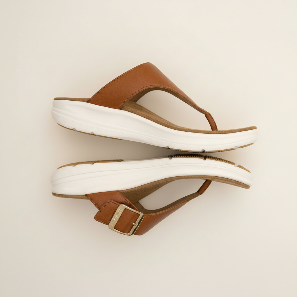 Brown and white sandals on a light beige background