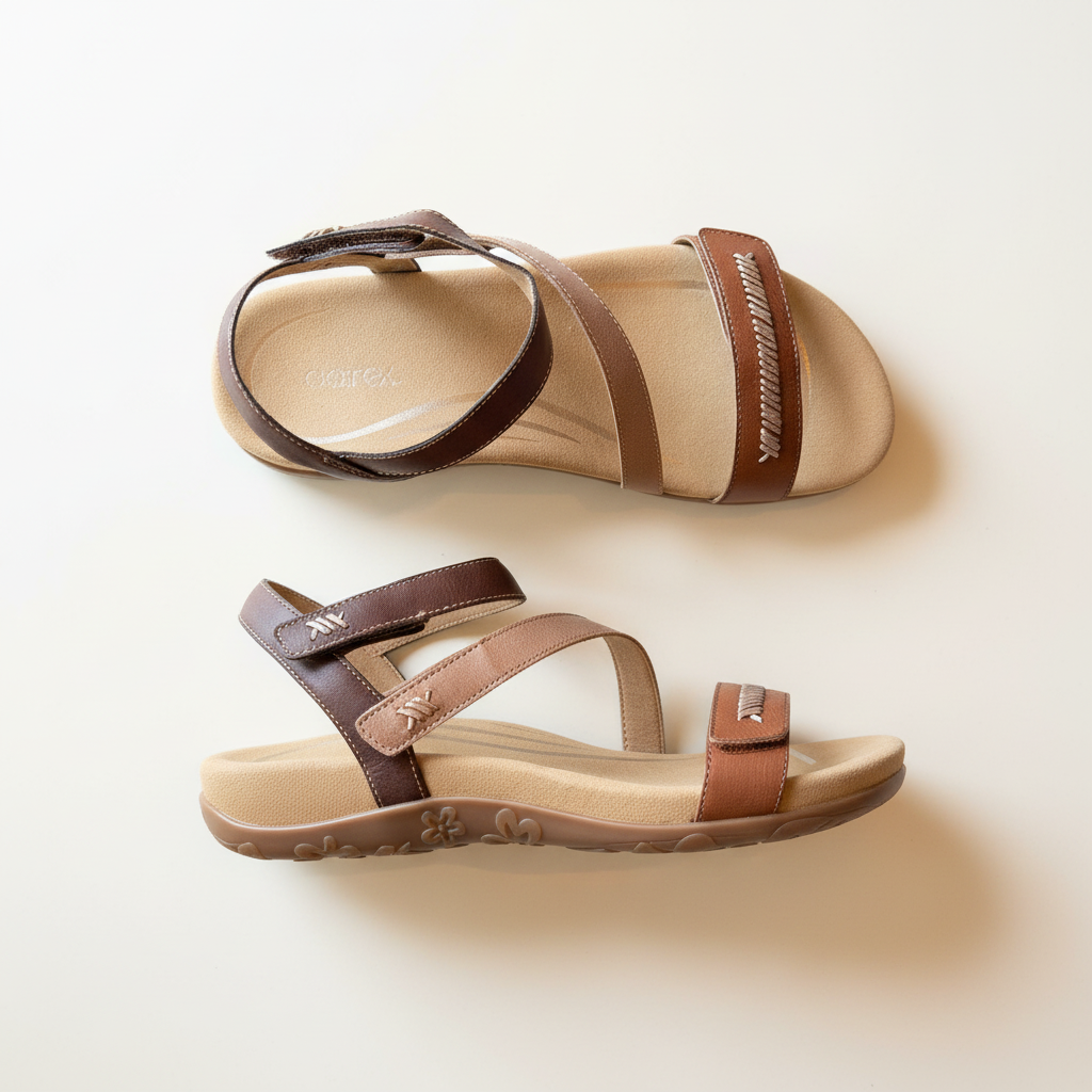 Pair of brown and beige sandals on a light background