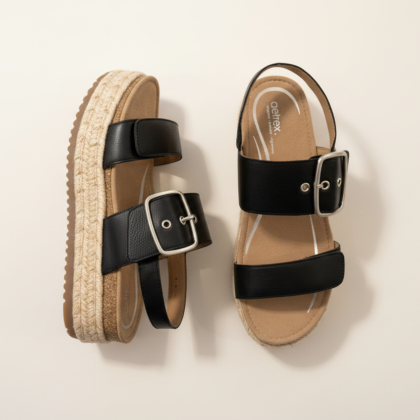 Pair of black sandals with woven sole on a light background