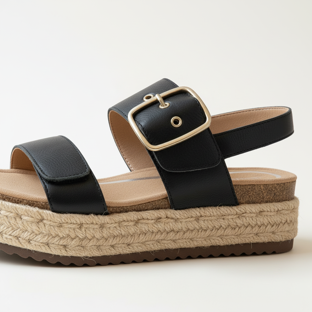 Black sandal with a gold buckle on a white background