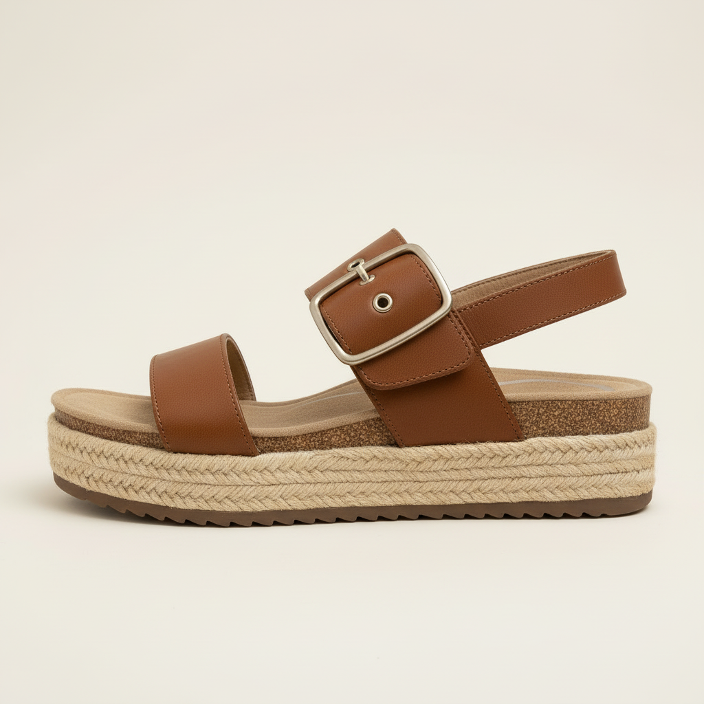 Brown sandal with a buckle on a beige background