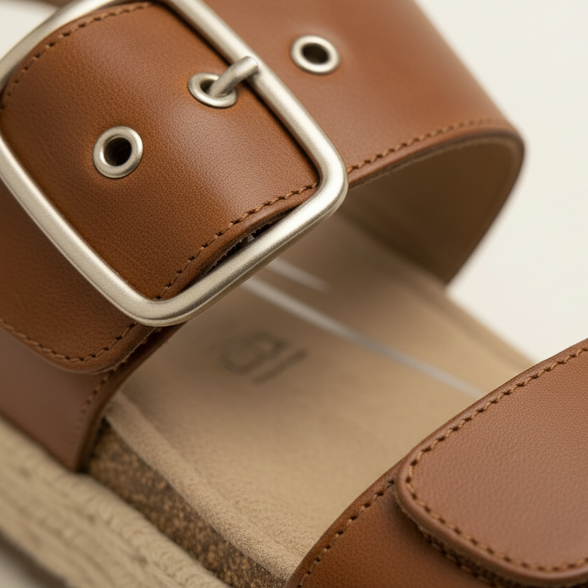 Close-up of a brown leather sandal with a buckle on a light background