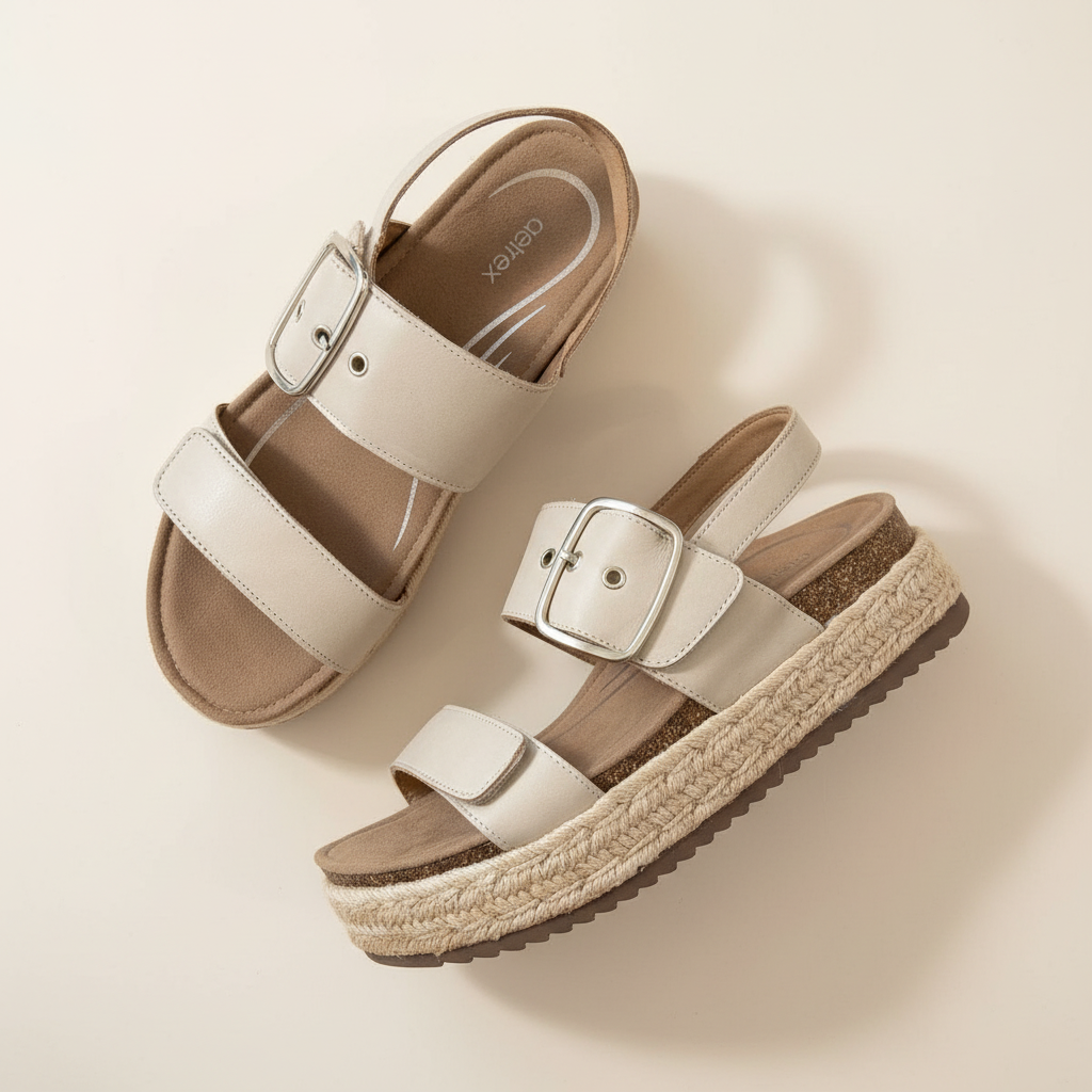Pair of white sandals with brown straps and sole on a beige background