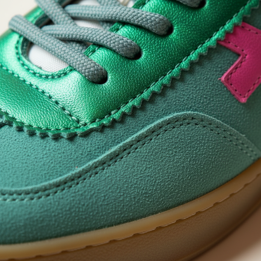 Close-up of a green sneaker with a pink logo on a beige background