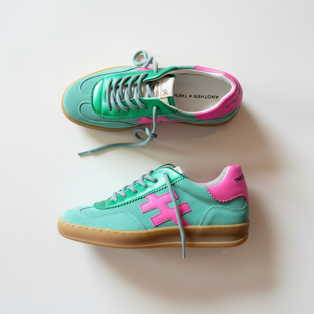 Pair of green and pink sneakers with brown soles on a light background