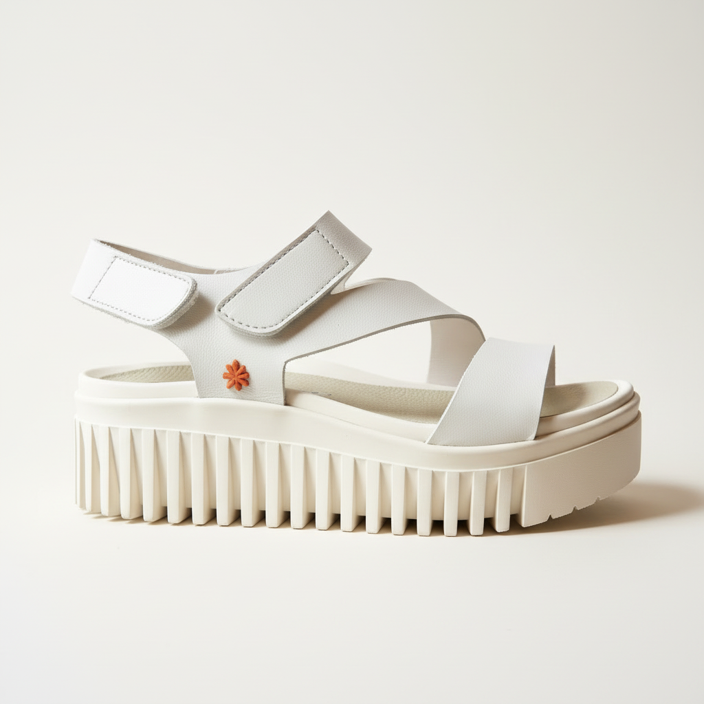 White platform sandal with a textured sole on a light background