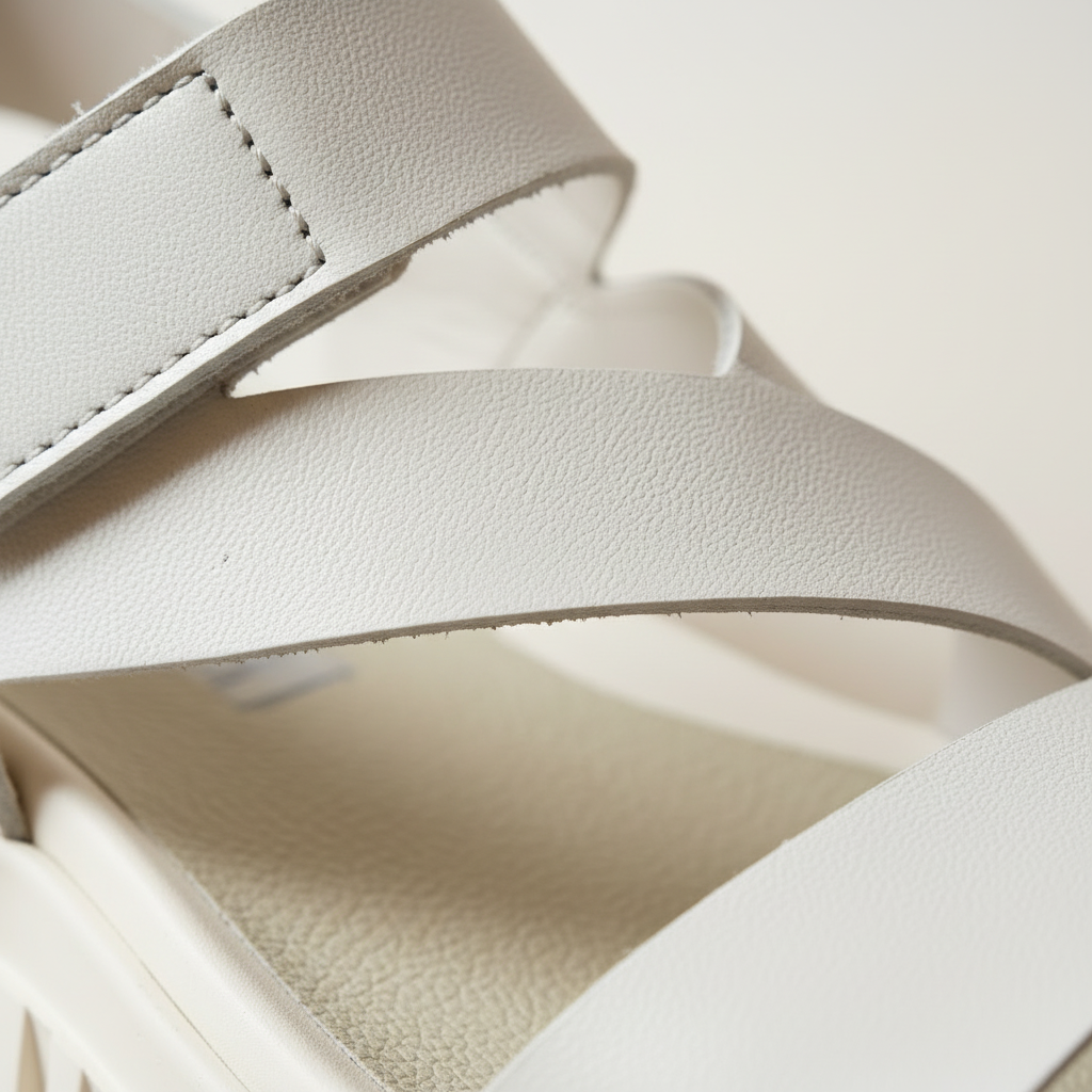 Close-up of beige leather sandals with criss-cross straps on a light background