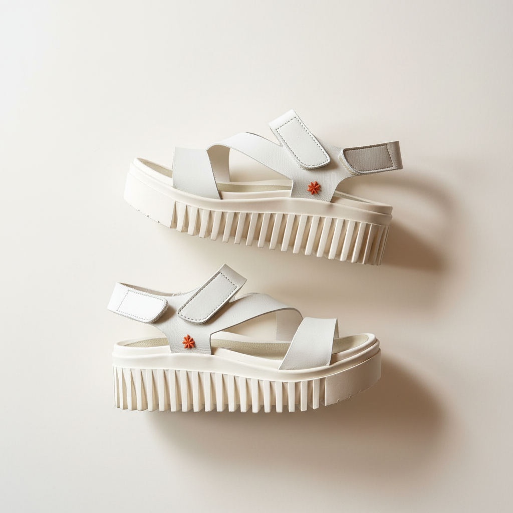 White sandals with a platform sole on a beige background