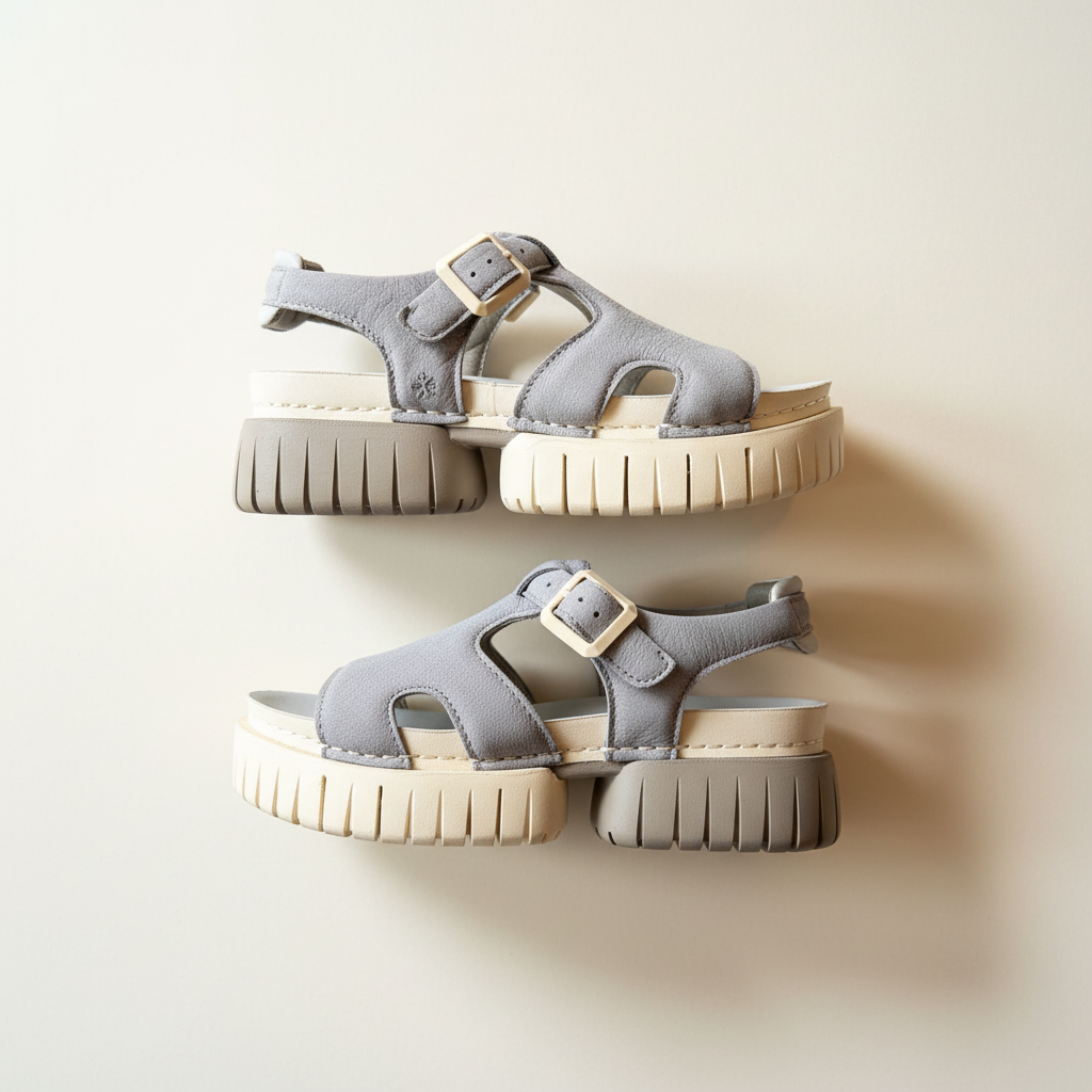 Pair of gray sandals with beige soles on a light background