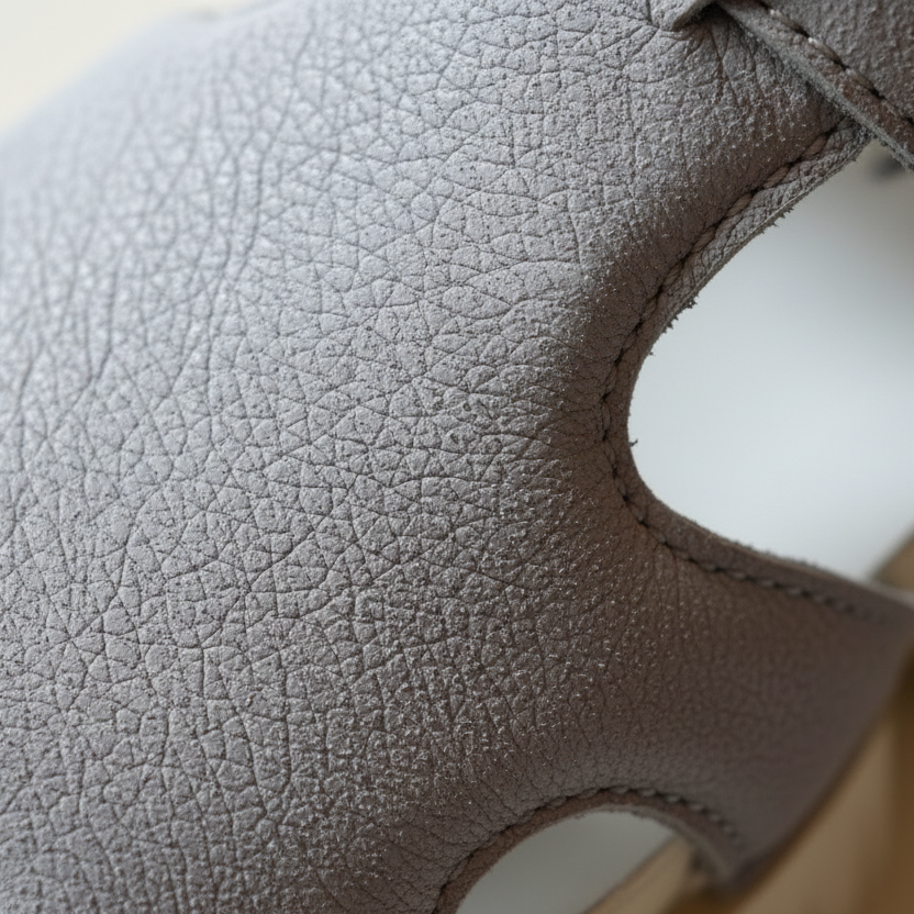 Close-up of a textured gray leather product with visible stitching.