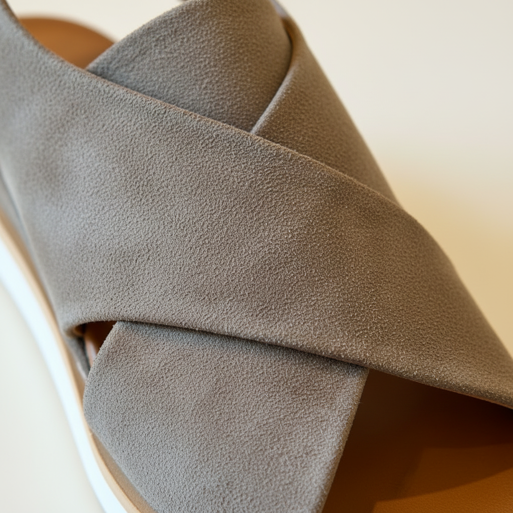 Close-up of a gray sandal with criss-cross straps on a neutral background