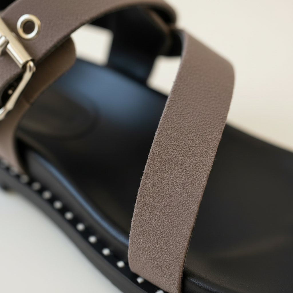 Close-up of a brown leather strap on a black shoe with a blurred background