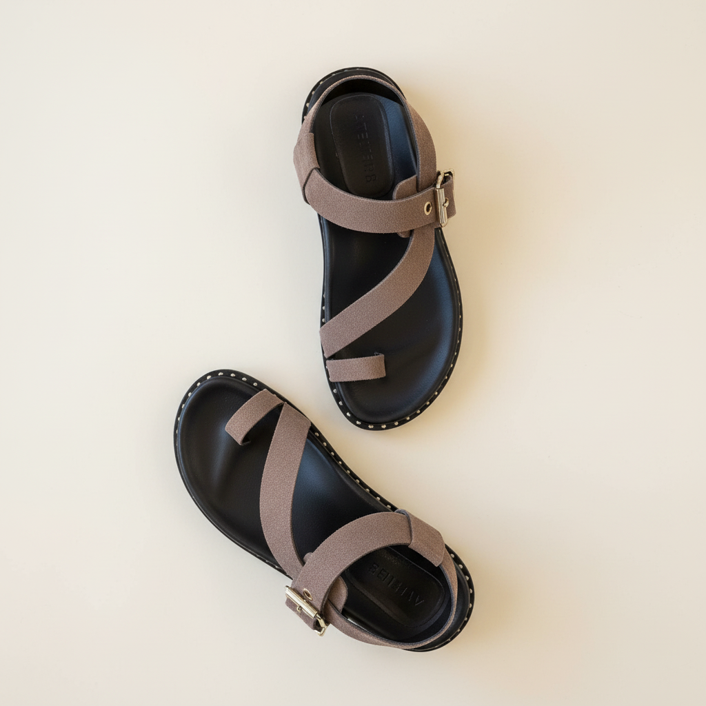 Pair of black and brown sandals on a light beige background