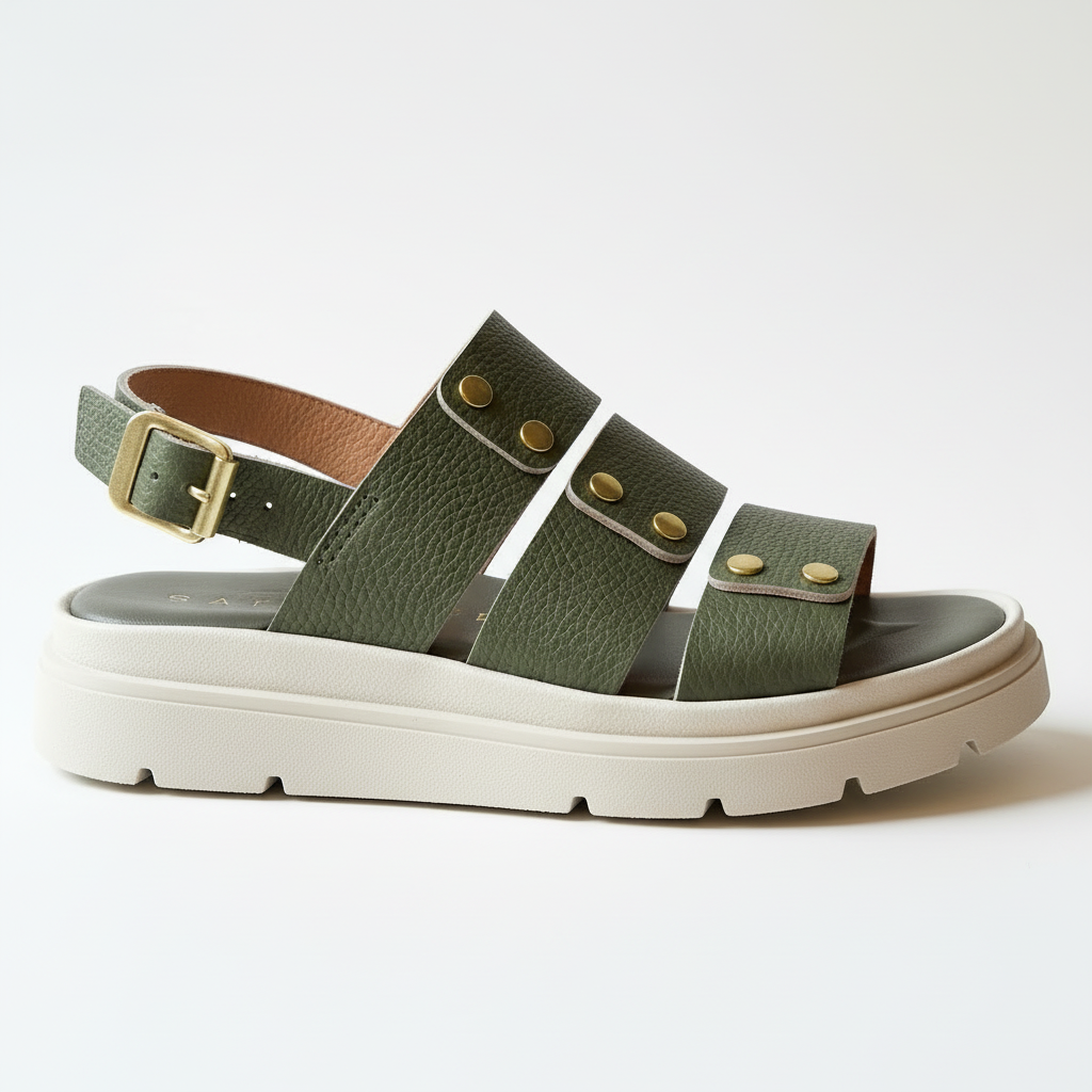 Green sandal with white sole on a light gray background
