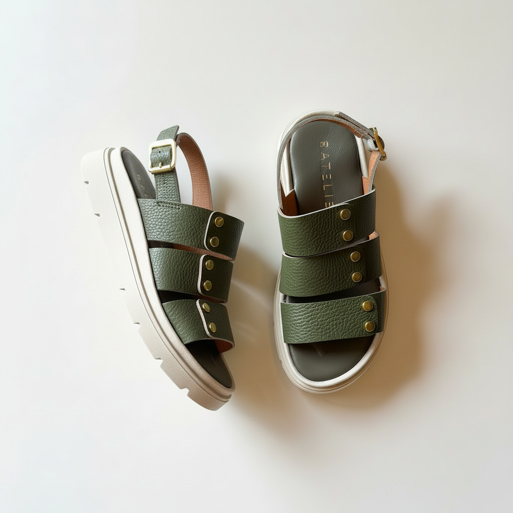 Pair of green sandals with white soles on a light background