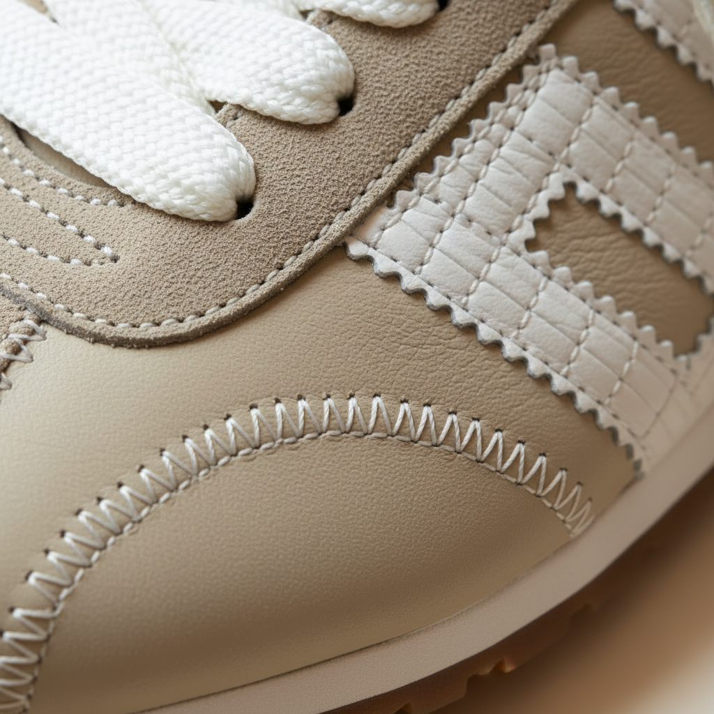 Close-up of a beige sneaker with white laces and stitching details.