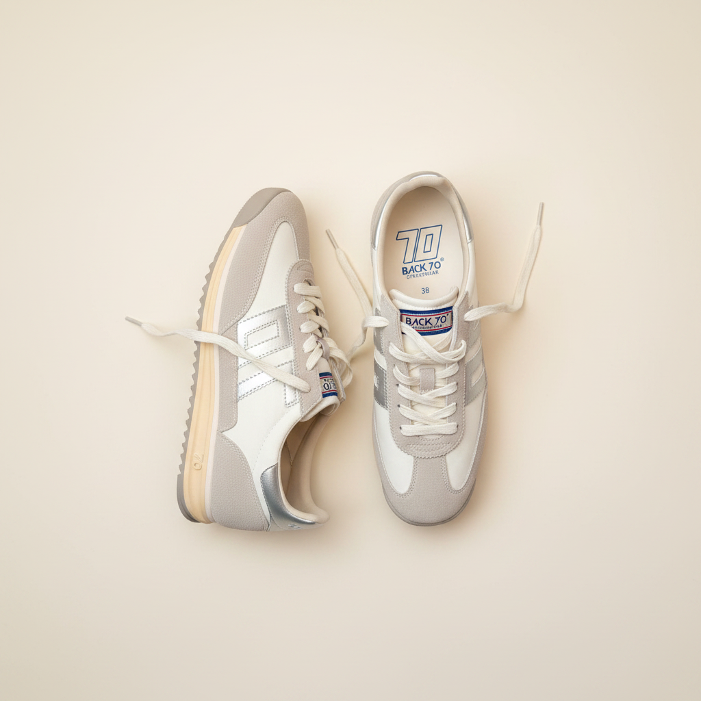 Pair of white sneakers with '70' branding on a beige background