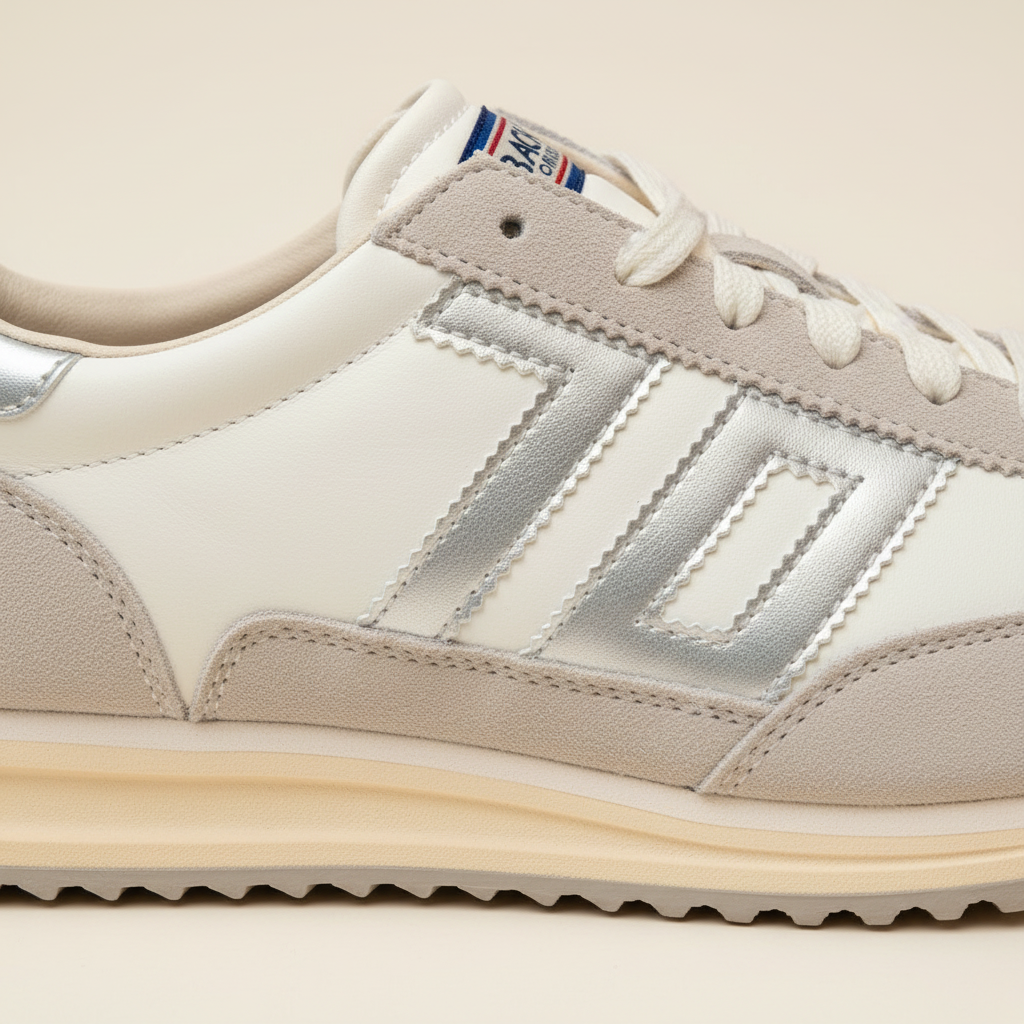 Close-up of a beige and silver sneaker with Adidas logo on a beige background