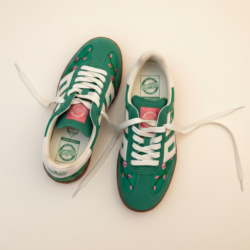 Green sneakers with white laces on a beige background