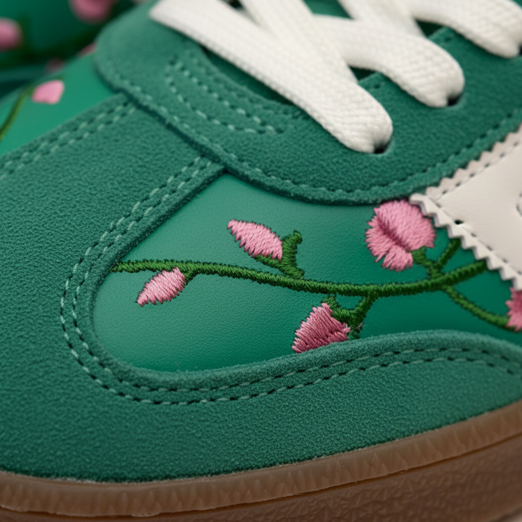 Green sneaker with pink floral embroidery on a white background