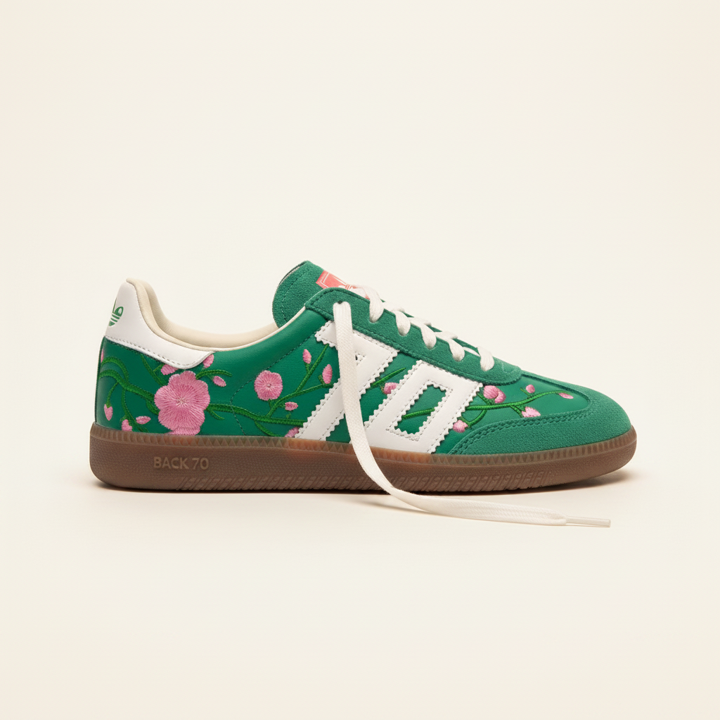 Green sneaker with floral pattern and white laces on a beige background